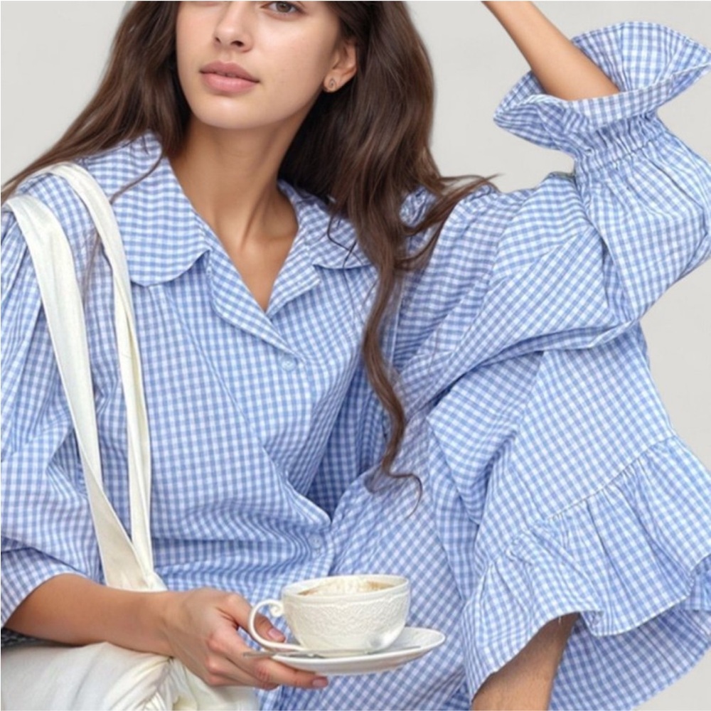 ANNA-KACI NEW Lounge Gingham Button Down Pajama top & Ruffle Hem Wide Leg Pants